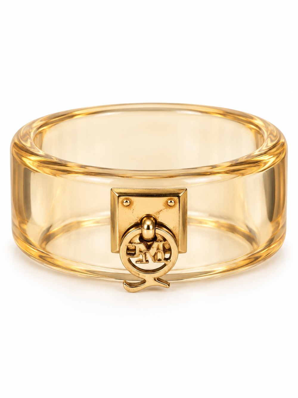 McQ Alexander McQueen Clear Lucite Gold-Tone Logo Padlock Statement Bangle